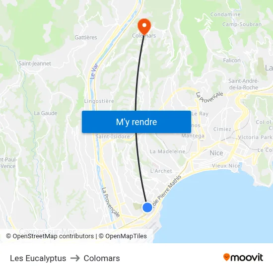 Les Eucalyptus to Colomars map