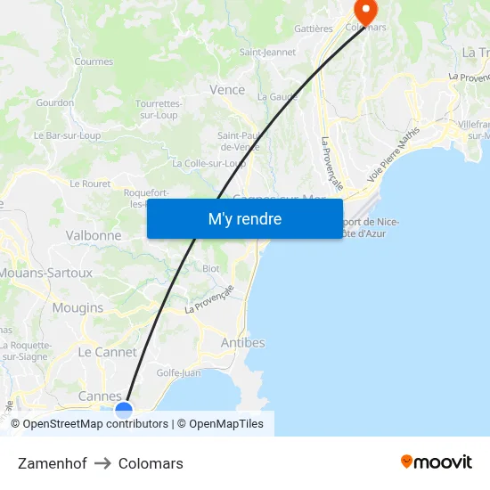 Zamenhof to Colomars map
