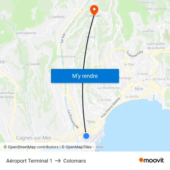 Aéroport Terminal 1 to Colomars map