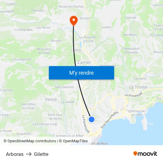 Arboras to Gilette map