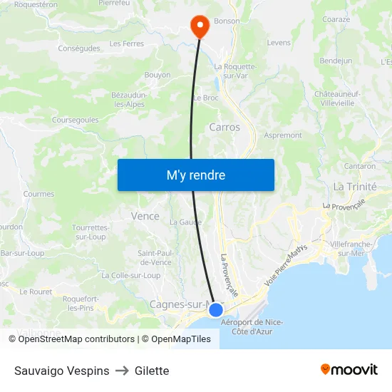 Sauvaigo Vespins to Gilette map