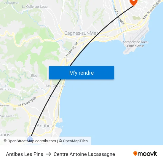 Antibes Les Pins to Centre Antoine Lacassagne map