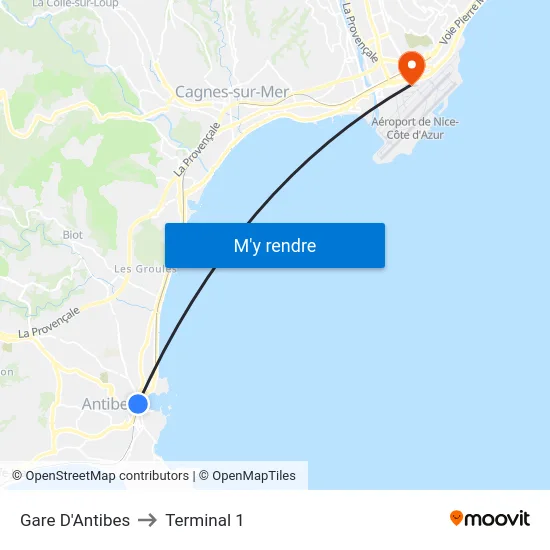 Gare D'Antibes to Terminal 1 map