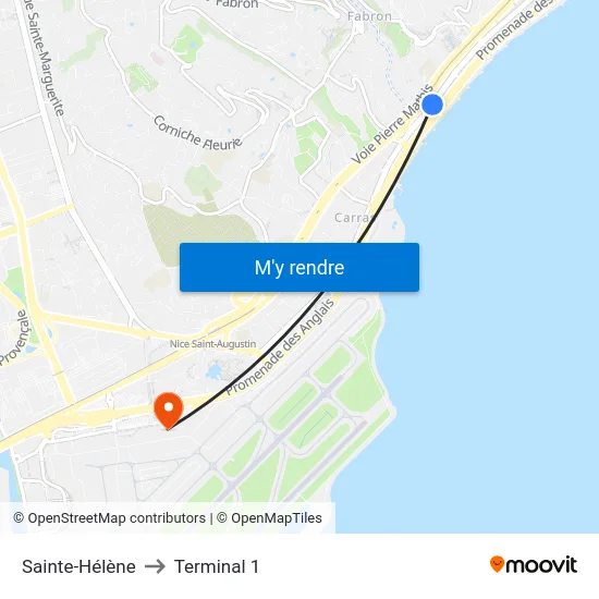 Sainte-Hélène to Terminal 1 map
