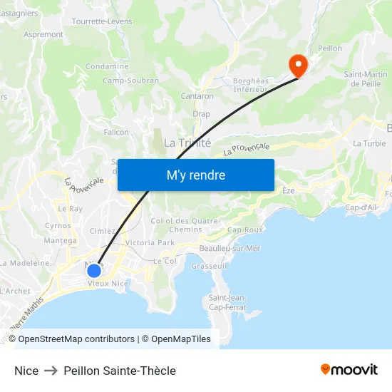 Nice to Peillon Sainte-Thècle map