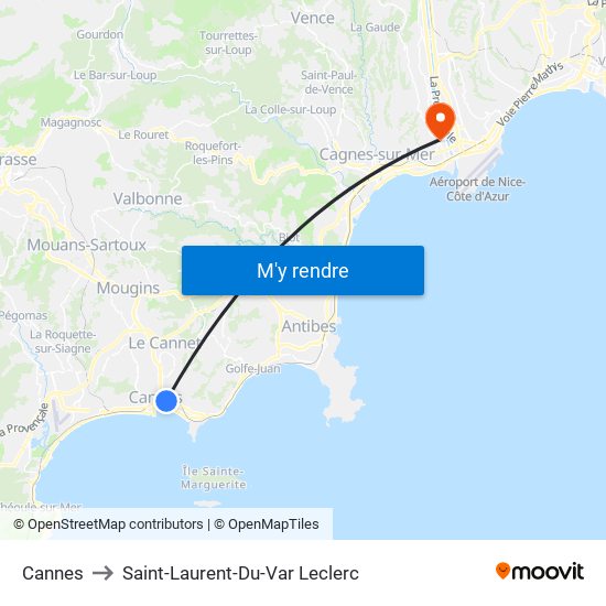 Cannes to Saint-Laurent-Du-Var Leclerc map