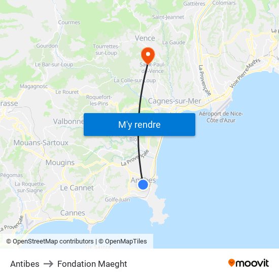 Antibes to Fondation Maeght map