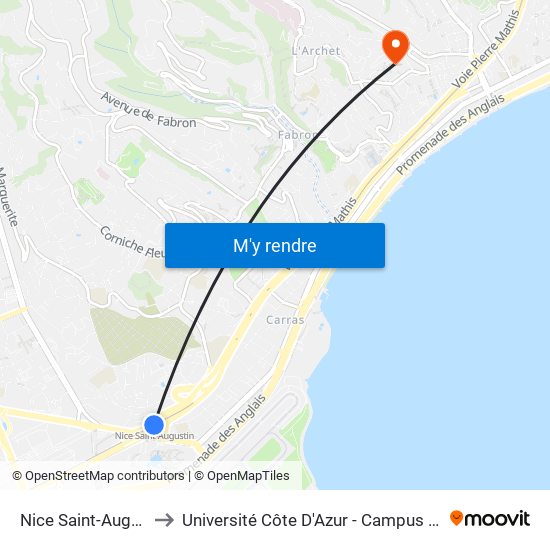 Nice Saint-Augustin to Université Côte D'Azur - Campus Carlone map