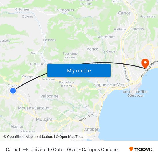 Carnot to Université Côte D'Azur - Campus Carlone map