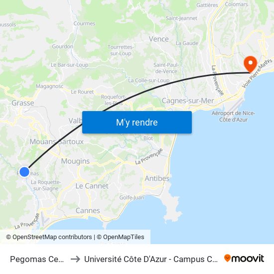 Pegomas Centre to Université Côte D'Azur - Campus Carlone map