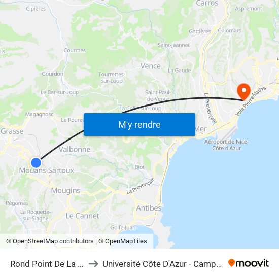 Rond Point De La Paoute to Université Côte D'Azur - Campus Carlone map