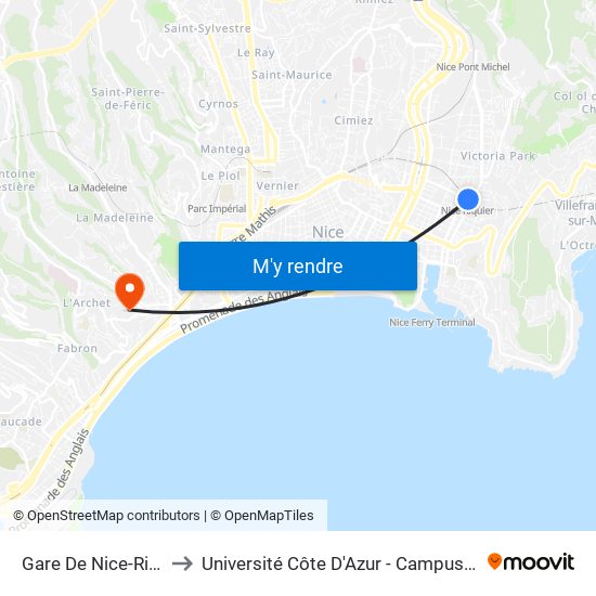 Gare De Nice-Riquier to Université Côte D'Azur - Campus Carlone map
