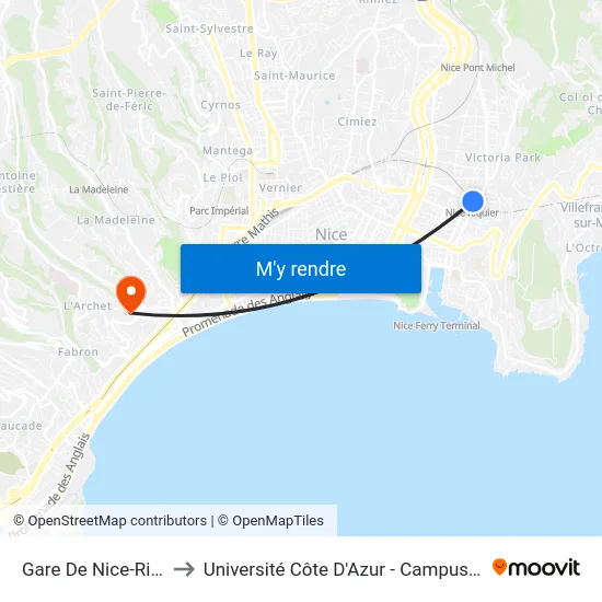 Gare De Nice-Riquier to Université Côte D'Azur - Campus Carlone map