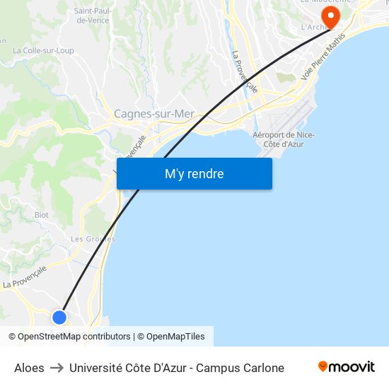 Aloes to Université Côte D'Azur - Campus Carlone map