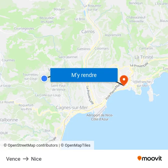 Vence to Nice map