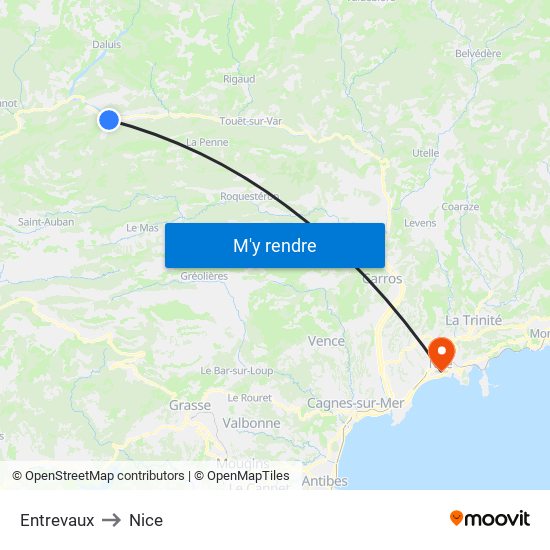 Entrevaux to Nice map