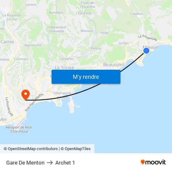 Gare De Menton to Archet 1 map
