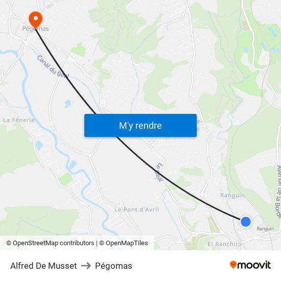 Alfred De Musset to Pégomas map