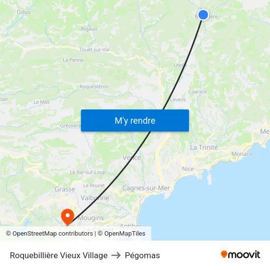 Roquebillière Vieux Village to Pégomas map