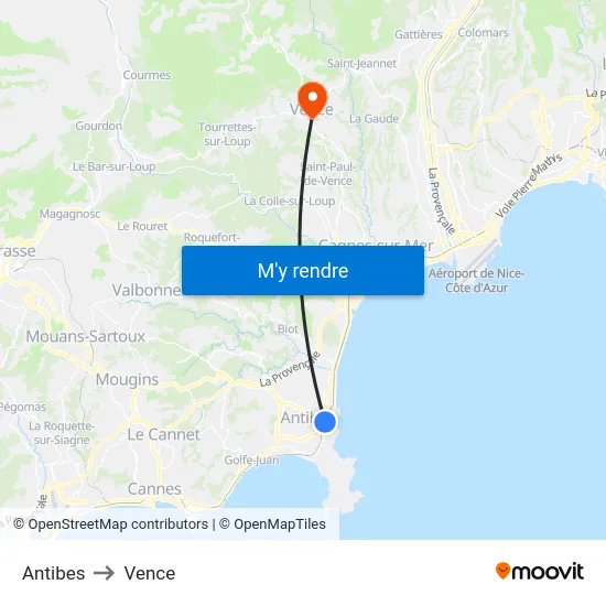 Antibes to Vence map