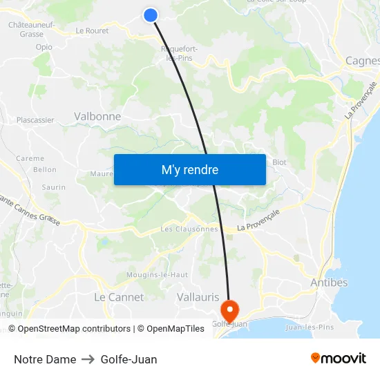 Notre Dame to Golfe-Juan map