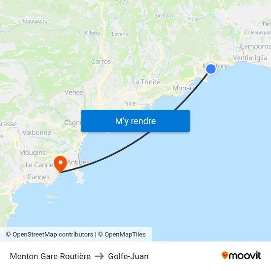 Menton Gare Routière to Golfe-Juan map