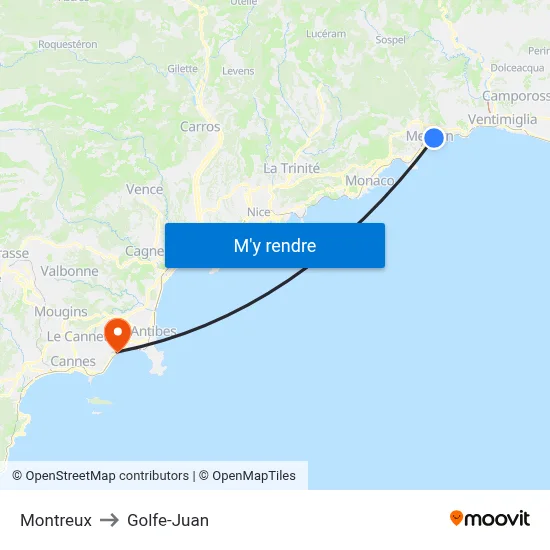Montreux to Golfe-Juan map