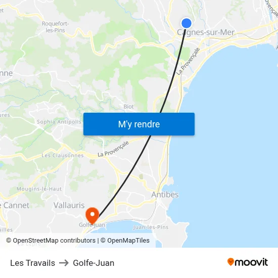 Les Travails to Golfe-Juan map
