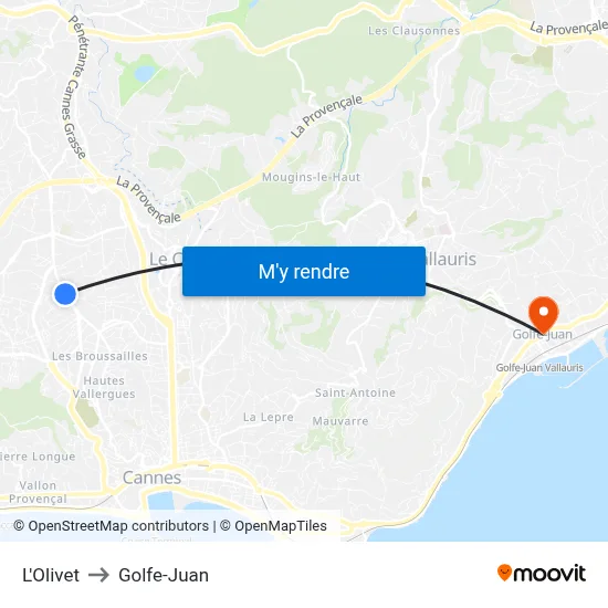 L'Olivet to Golfe-Juan map