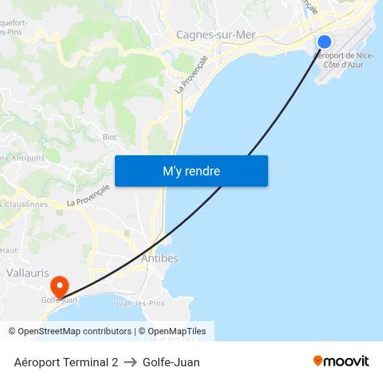 Aéroport Terminal 2 to Golfe-Juan map