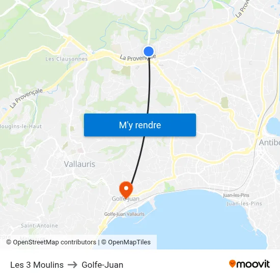 Les 3 Moulins to Golfe-Juan map