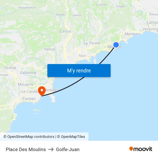 Place Des Moulins to Golfe-Juan map