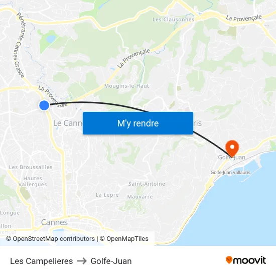 Les Campelieres to Golfe-Juan map
