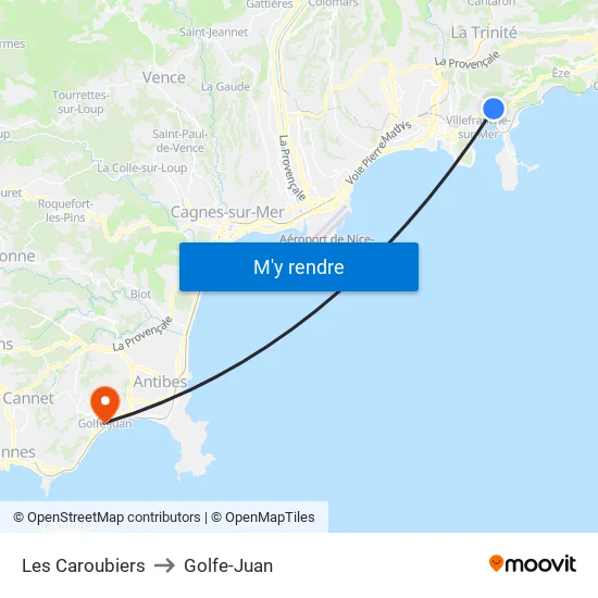 Les Caroubiers to Golfe-Juan map