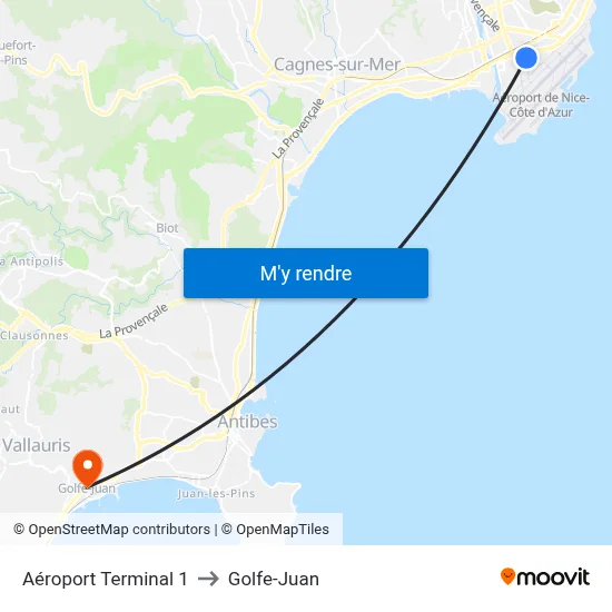 Aéroport Terminal 1 to Golfe-Juan map