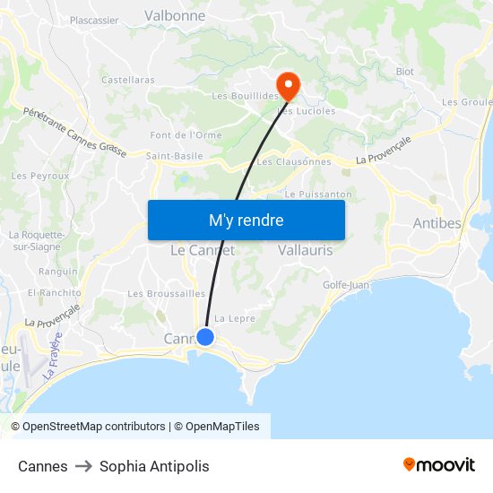 Cannes to Sophia Antipolis map