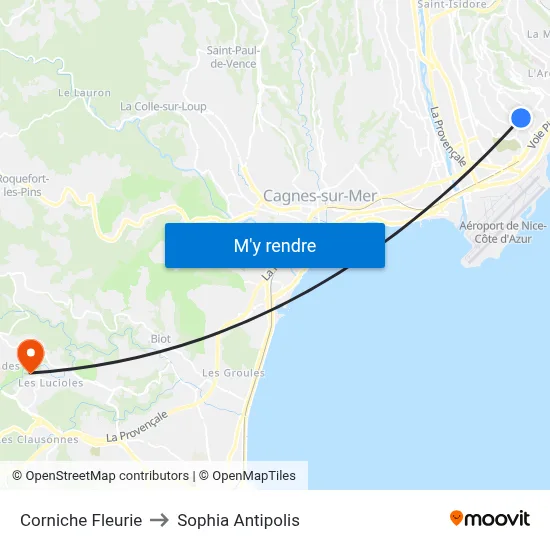 Corniche Fleurie to Sophia Antipolis map