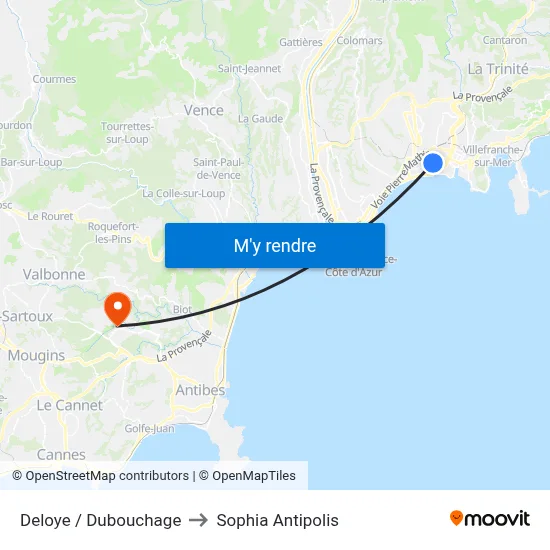 Deloye / Dubouchage to Sophia Antipolis map