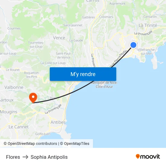 Flores to Sophia Antipolis map