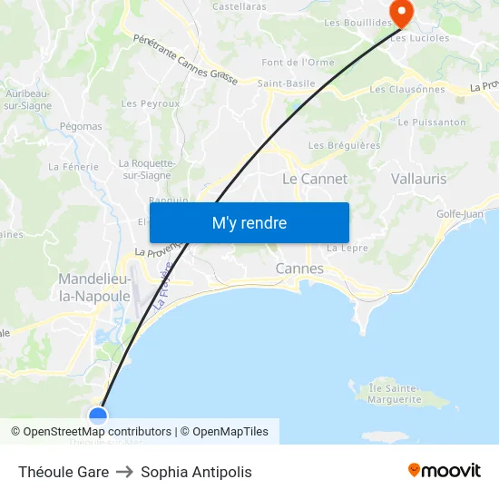 Théoule Gare to Sophia Antipolis map
