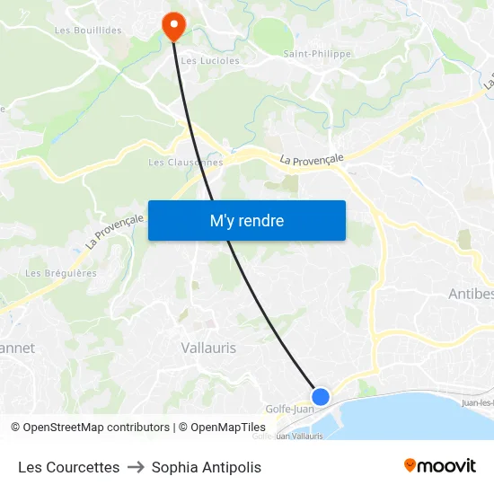 Les Courcettes to Sophia Antipolis map