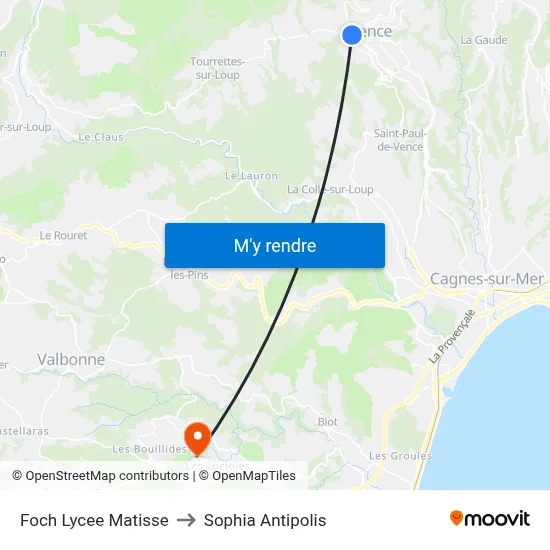 Foch Lycee Matisse to Sophia Antipolis map