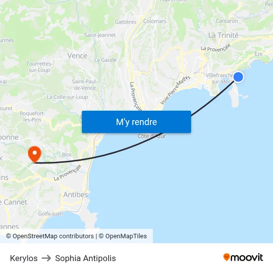 Kerylos to Sophia Antipolis map