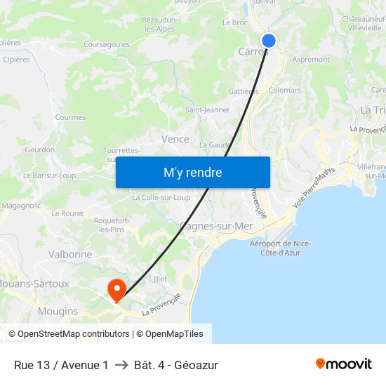 Rue 13 / Avenue 1 to Bât. 4 - Géoazur map