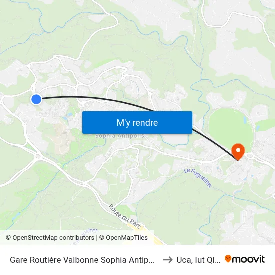 Gare Routière Valbonne Sophia Antipolis to Uca, Iut Qlio map