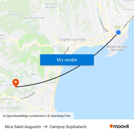 Nice Saint-Augustin to Campus Sophiatech map