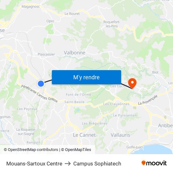 Mouans-Sartoux Centre to Campus Sophiatech map