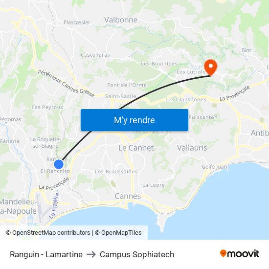 Ranguin - Lamartine to Campus Sophiatech map