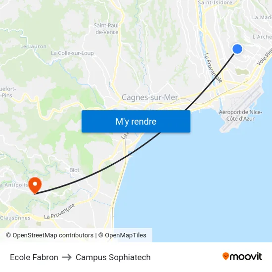 Ecole Fabron to Campus Sophiatech map