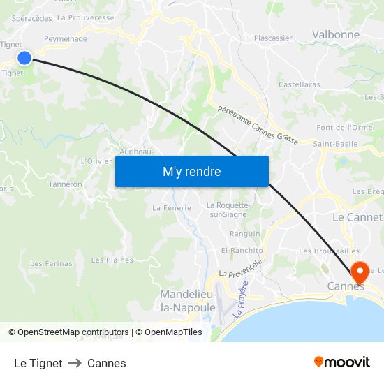 Le Tignet to Cannes map